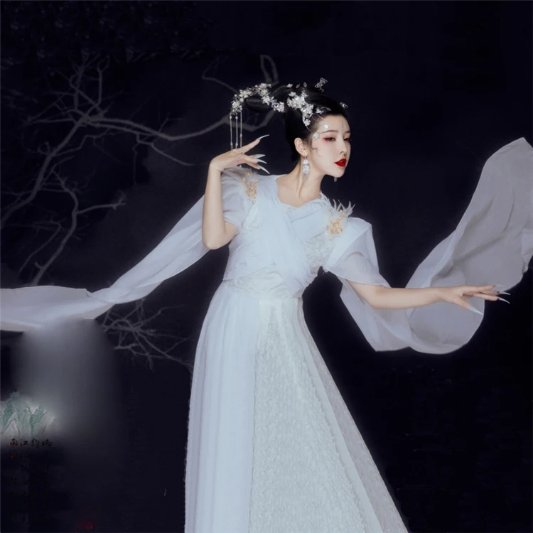 Da Ji White Feather Fox Fairy TV Play Costume Hanfu for Photo House Stage Performance Cosplay Hanfu Female Vintage Chinese Hanfu