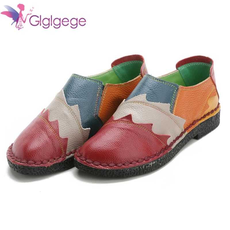 Glglgege  Fashion Women's Handmade Shoes Genuine Leather Flat Splice Mother Shoes Woman Loafers Soft Comfortable Casual Shoes