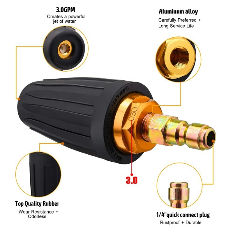 Pressure Washer Rotating Spray Turbo Nozzle Universal For Hot And Cold Water 3,000 Psi, 3.0 Orifice, 3.0 Gpm With 1/4 inch Quick