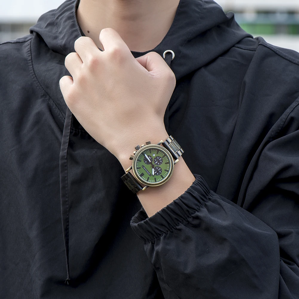 BOBO BIRD orologio da uomo moda orologi al quarzo in metallo verde in legno orologio da polso cronografo Auto data Display orologio grande confezione regalo