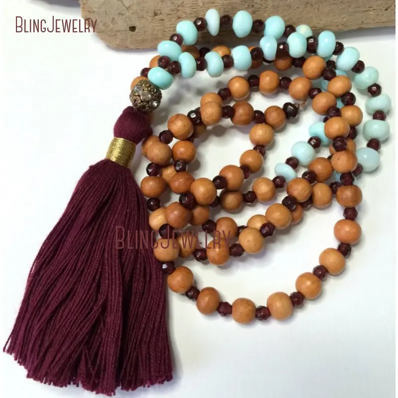 Boho Tassel Necklace Peruvian Blue Opals Premium Sandalwood Beaded   Bohemian Jewelry Stone  NM31743