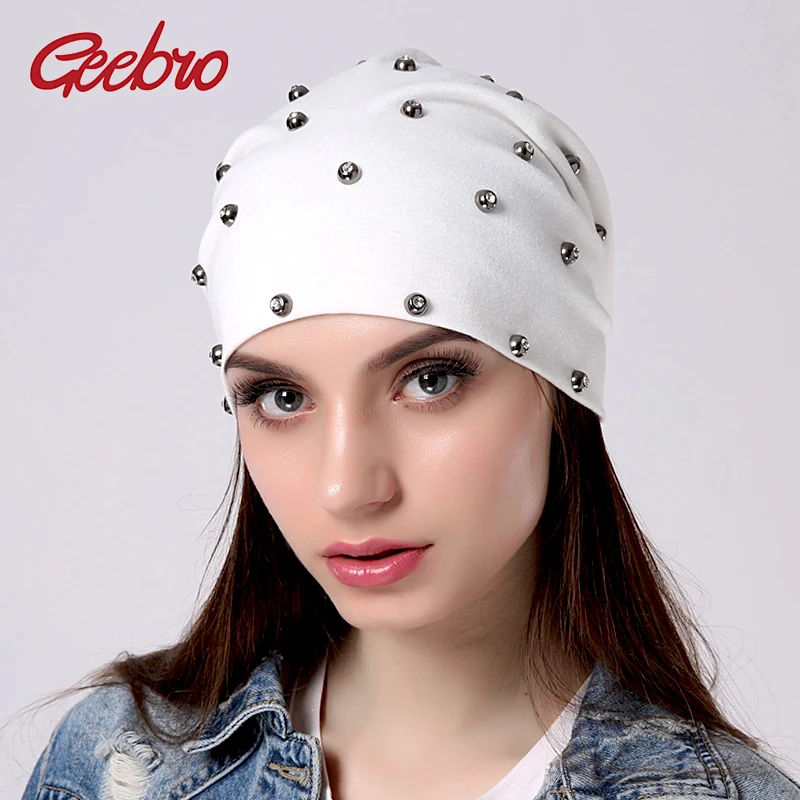 Geebro Women Fashion Cotton Skullies Beanies Girls With Rhinestones Accessories Hats Female Lady Knitted Solid Color Soft Caps