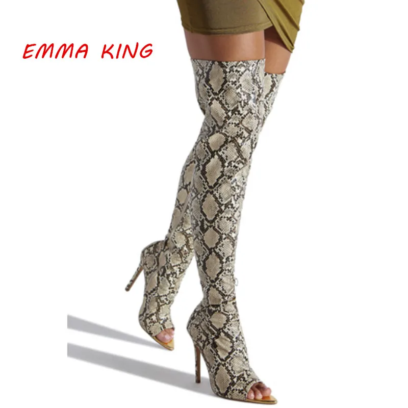 

Fashion Winter Snake Prints Over The Knee Boots Women 2020 Sexy Lady Peep Toe Sandals Boots Long Stretch Thigh High Heels Boots