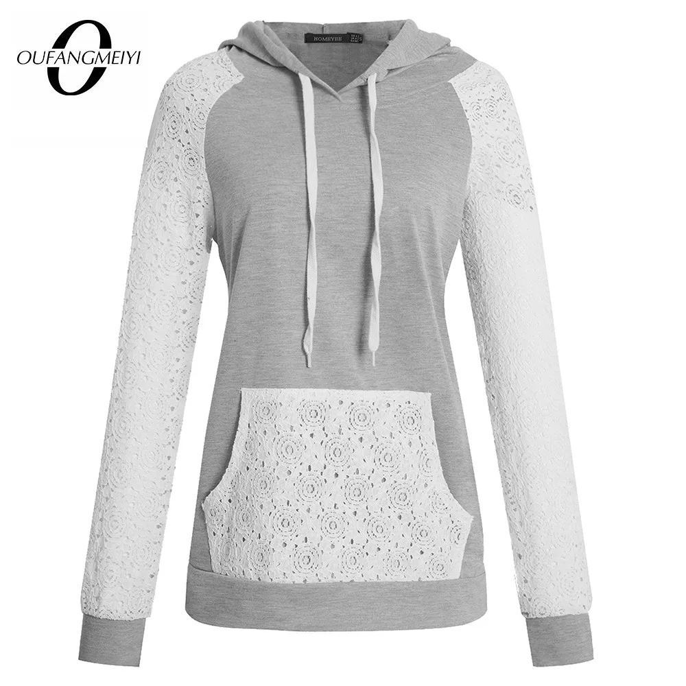 

Winter Women Fashion Lace Patchwork Pullovers Casual Hoodies Tops with Pockets ET044