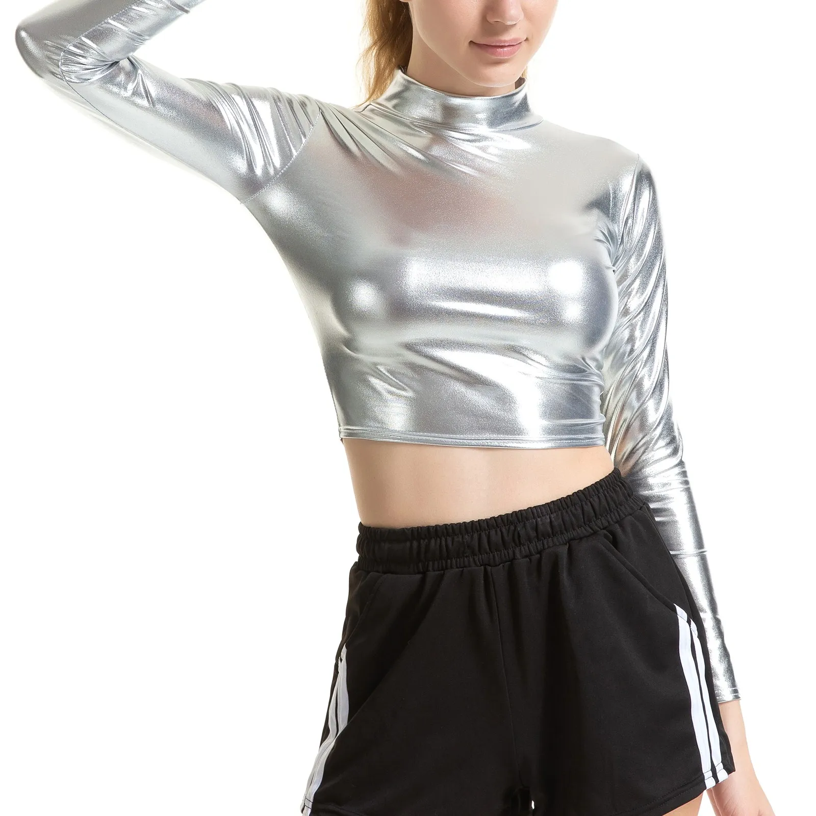 Women Pole Dance Clothing Mock Neck Nightclub Party Festival Rave Crop Top Shiny Metallic Sexy Punk Pole Dance Stage Costumes