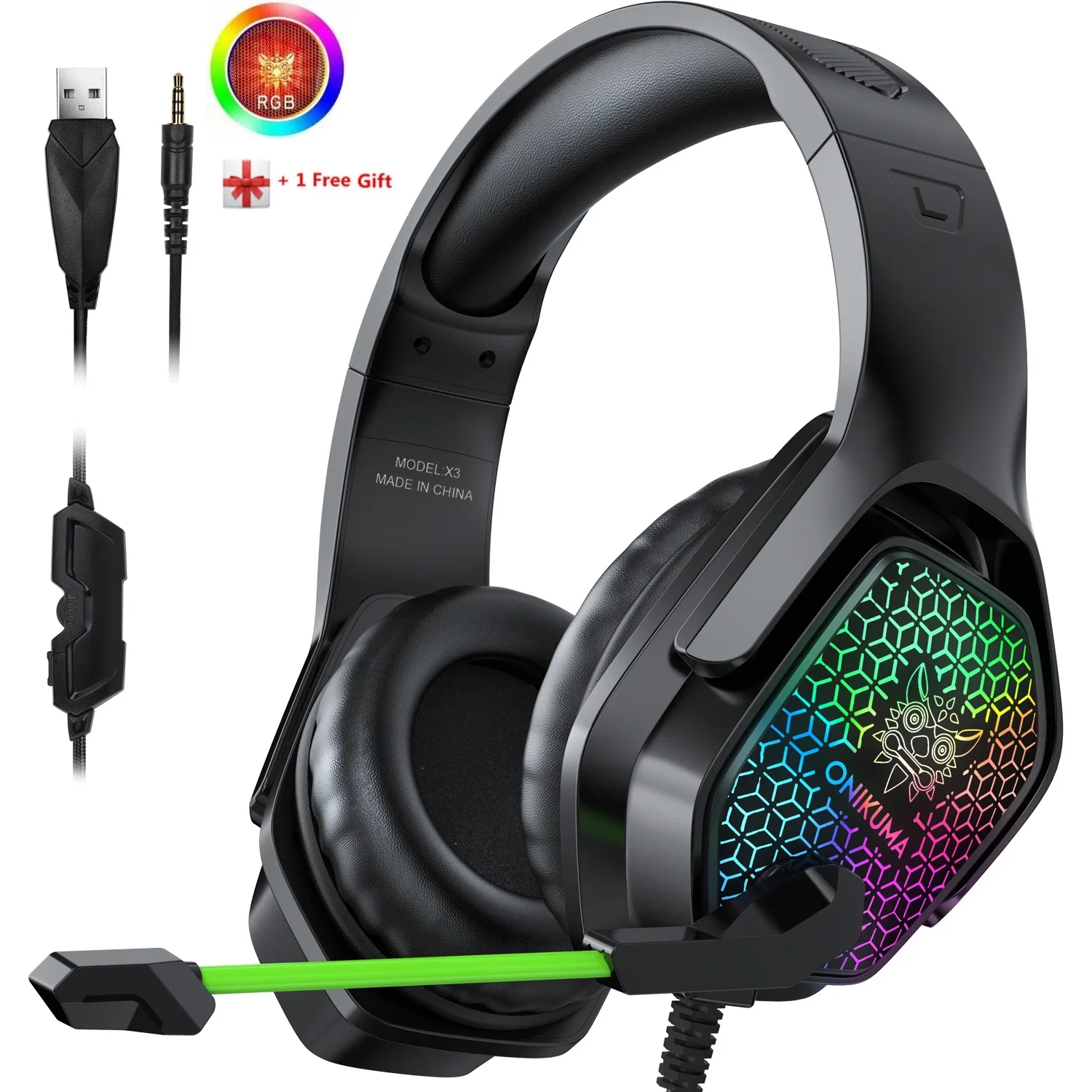 ONIKUMA X3 Wired Earphone HiFi Headphones 3.5mm Wired Headphone USB RGB Lighting for PS4 PC Gaming Headset with Microphone