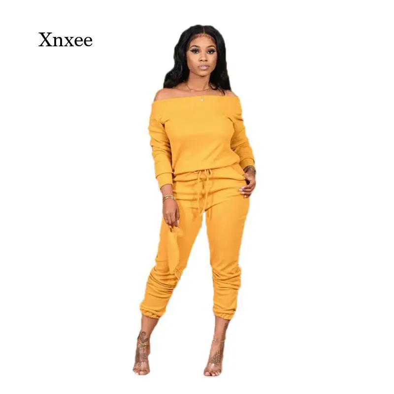 

Spring and Autumn Women's 2-Piece Women's Clothing 5Xl Off Shoulder Slash Neck Long Sleeve Sportswear Women's Solid Color Drawst