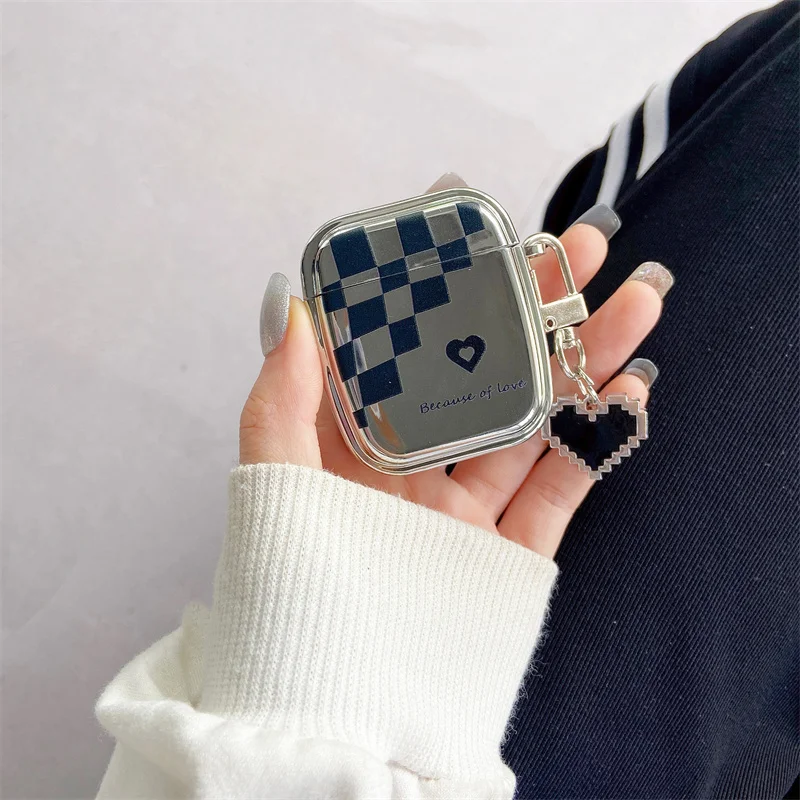 Luxury Checkerboard Plating Earphone Case For Airpods 1 2 3 Pro Trend Earphone Love Pendant Headphone Charging Protective Cover