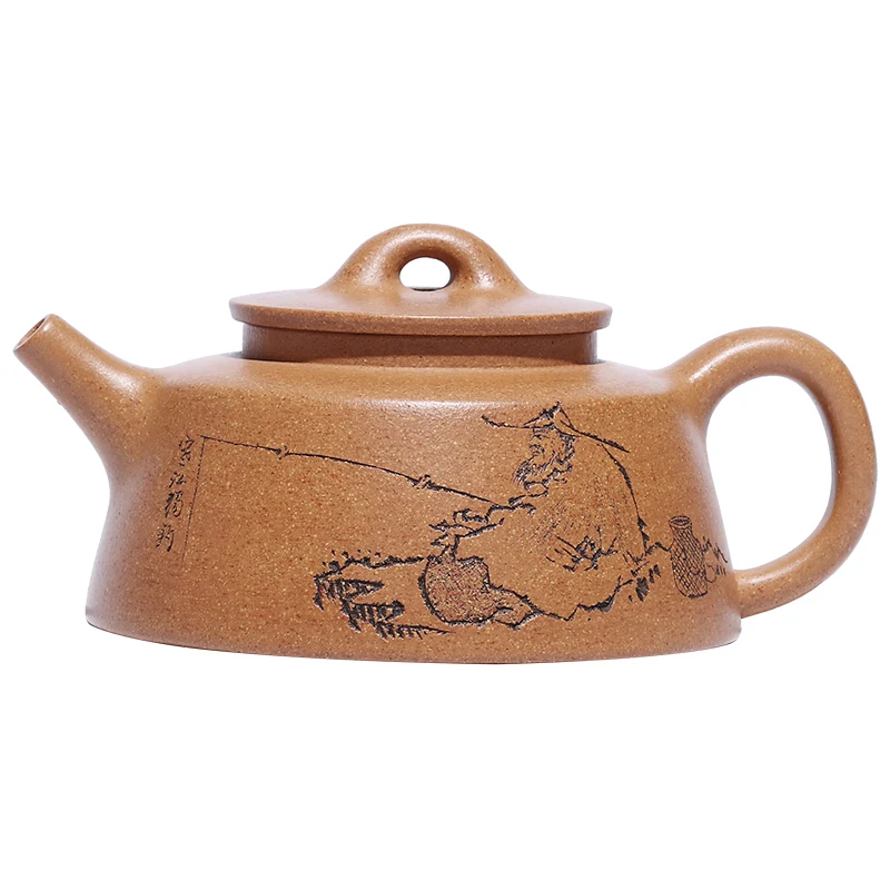 ★double-sided sand carving painting colorful period of small capacity of household teapot cover single pot of fish