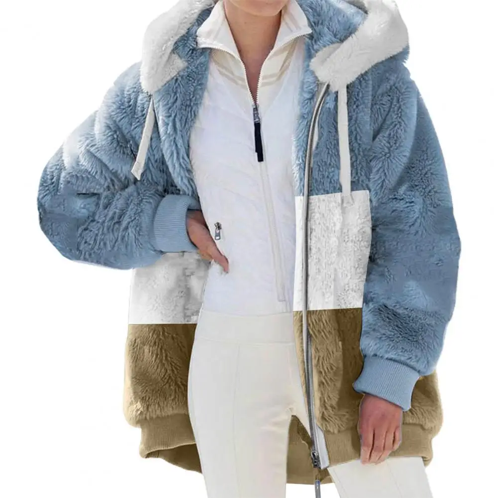 Chaqueta de forro polar con cremallera para mujer, abrigo grueso cálido de piel sintética de felpa, con capucha de Color Patchwork, para otoño e invierno, 2022