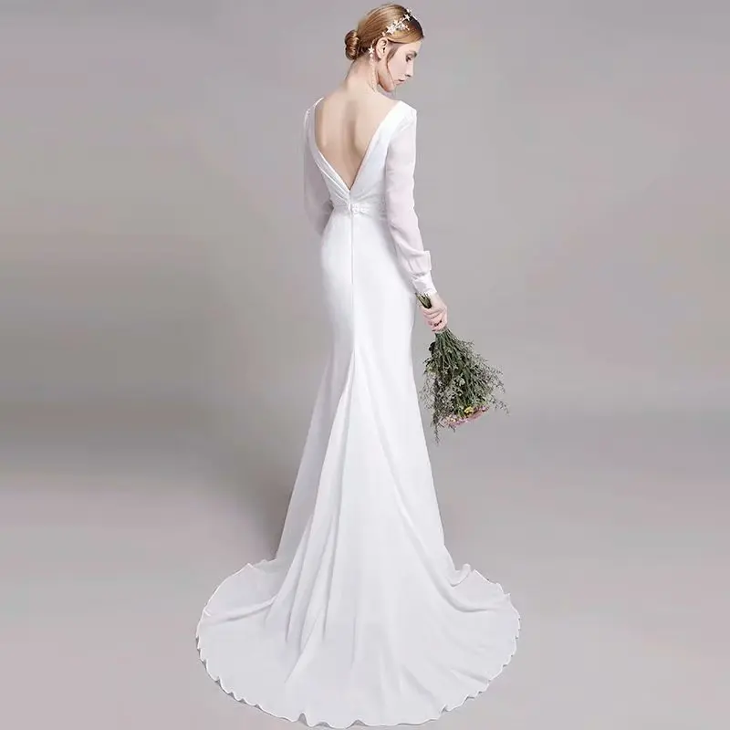 Trouwjurk Платья Bruid Gown Vestido De Novia Robe De Mariage V-hals Vloer-Lengte Backless Lange Mouwen