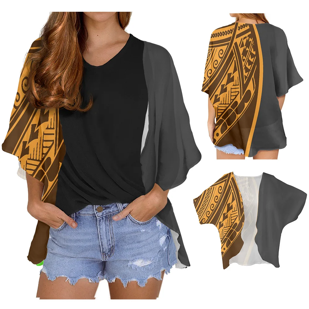 

Chiffon Cardigan Long Sleeve Women's autumn coat Polynesian Tribe Gold Print Casual Tops Chiffon Beach Cardigan Blouse Shawl