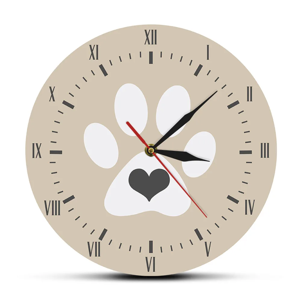 Gray Heart White Cat Paw Print Roman Numerals Vintage Modern Wall Clock Kitten Kitty Pussy Lovers Home Decor Hanging Wall Watch