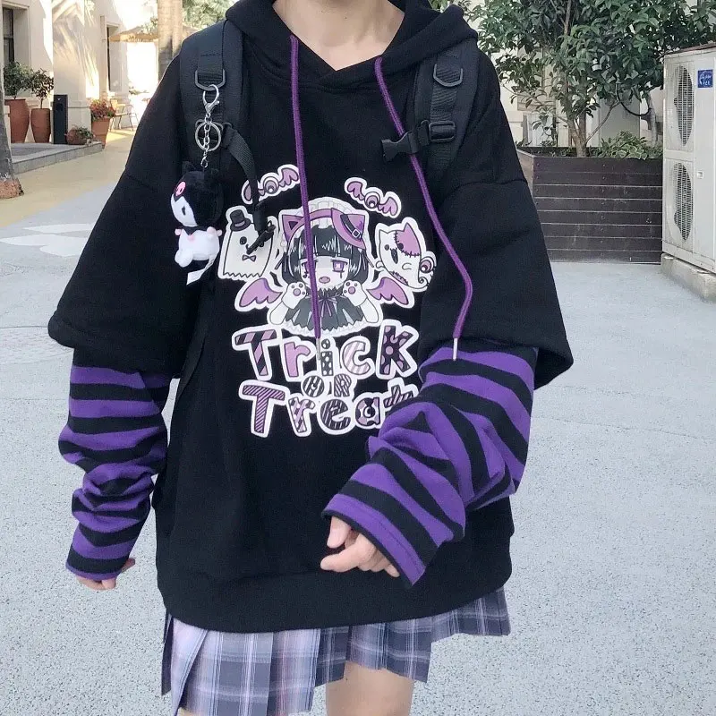 Autumn Kawaii Clothes Women Lolita Anime Cartoon Long Sleeve Hoodies Harajuku Egirl Hooded Sweatshirt Emo Grunge Tee Top Alt Y2K