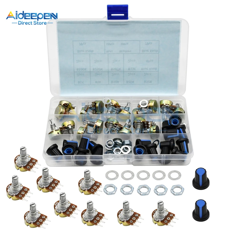 18ชิ้น/ล็อตWH148 Single Potentiometer Kit 1K 5K 10K 20K 50K 100K 250K 500K 1M Rotary Potentiometerตัวต้านทานชุด3 Pinกับหมวก