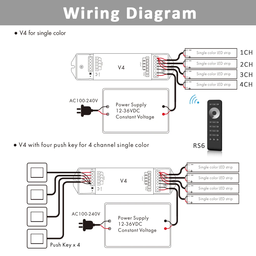 LED Dimmer V4 12V DC 24V 36V 4 Channels Push Dim Switch PWM RF 2.4G Wireless Remote RS6 Control for Single Color LED Strip Light