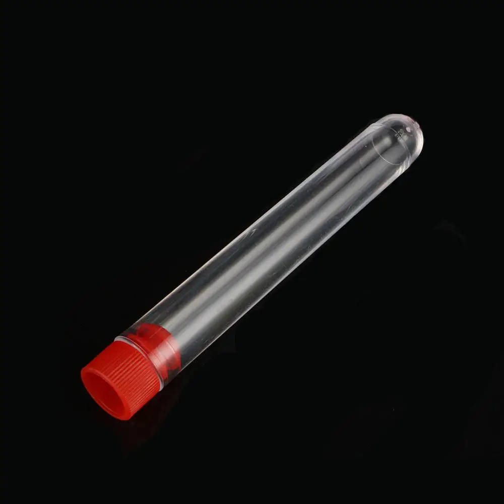 Tubo de ensayo de plástico duro transparente para laboratorio, equipo de laboratorio escolar de oficina de fondo redondo con tapón, de un solo uso,