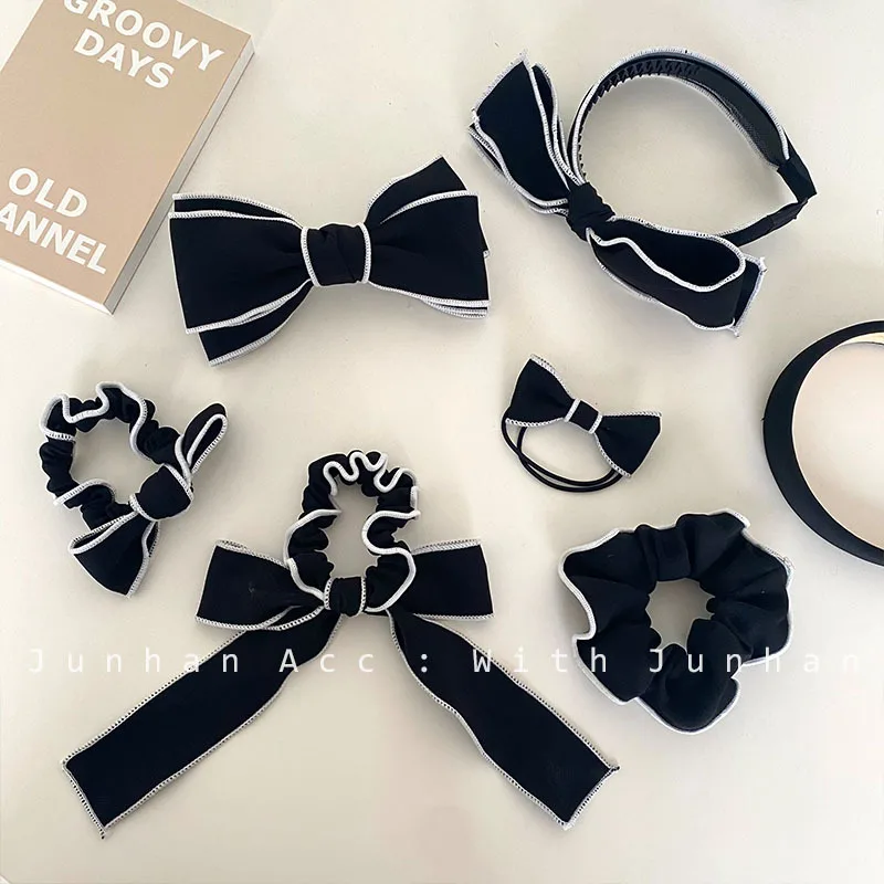 Korea INS fairy black bottom white border bow top clip spring plus girl ball hair circle hair rope hair accessory