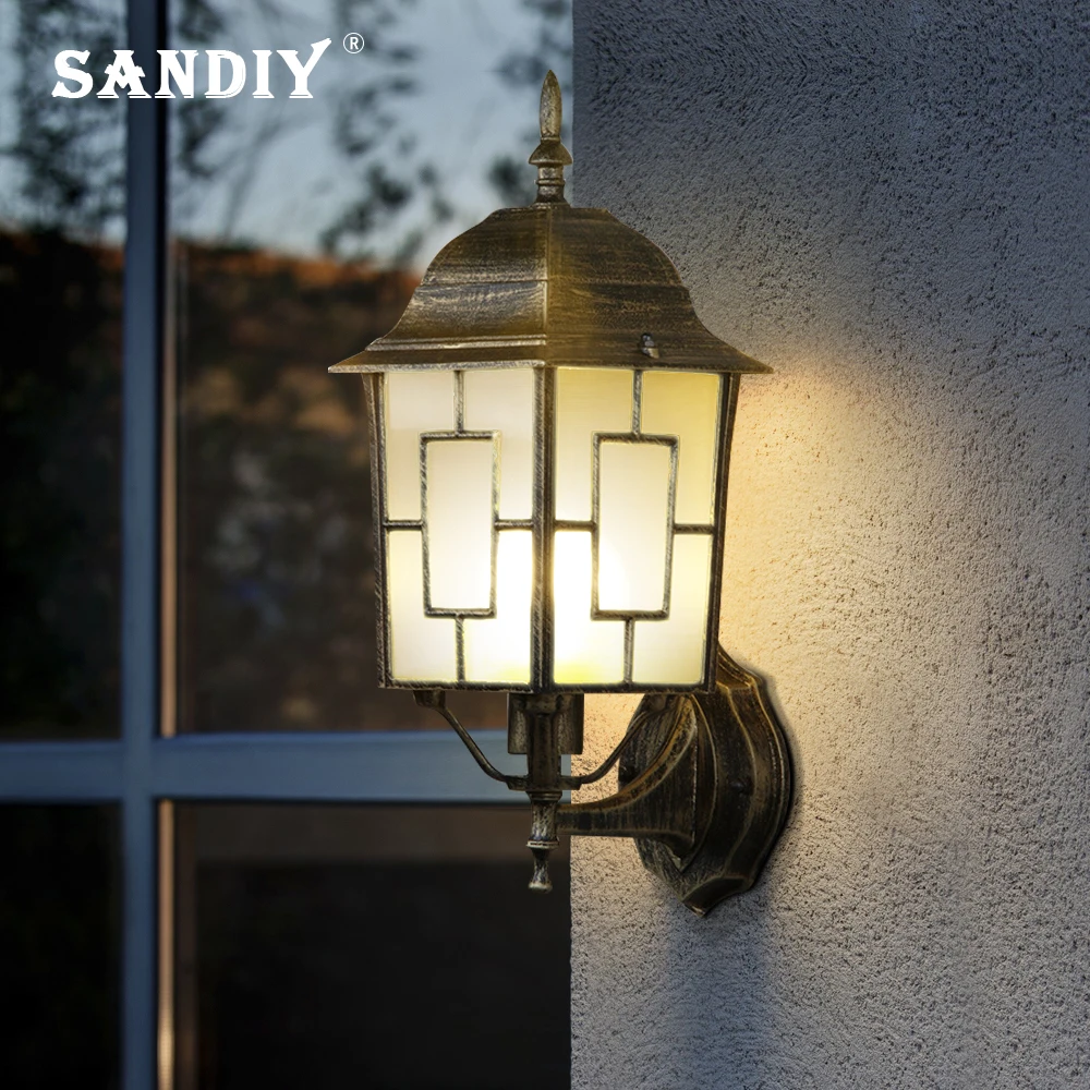 

SANDIY Antique Wall Lamps Waterproof Outdoor Wall Decor Lightings Retro Porch Lamp Aluminum+Glass Lampshade E27 Bulb Replaceable