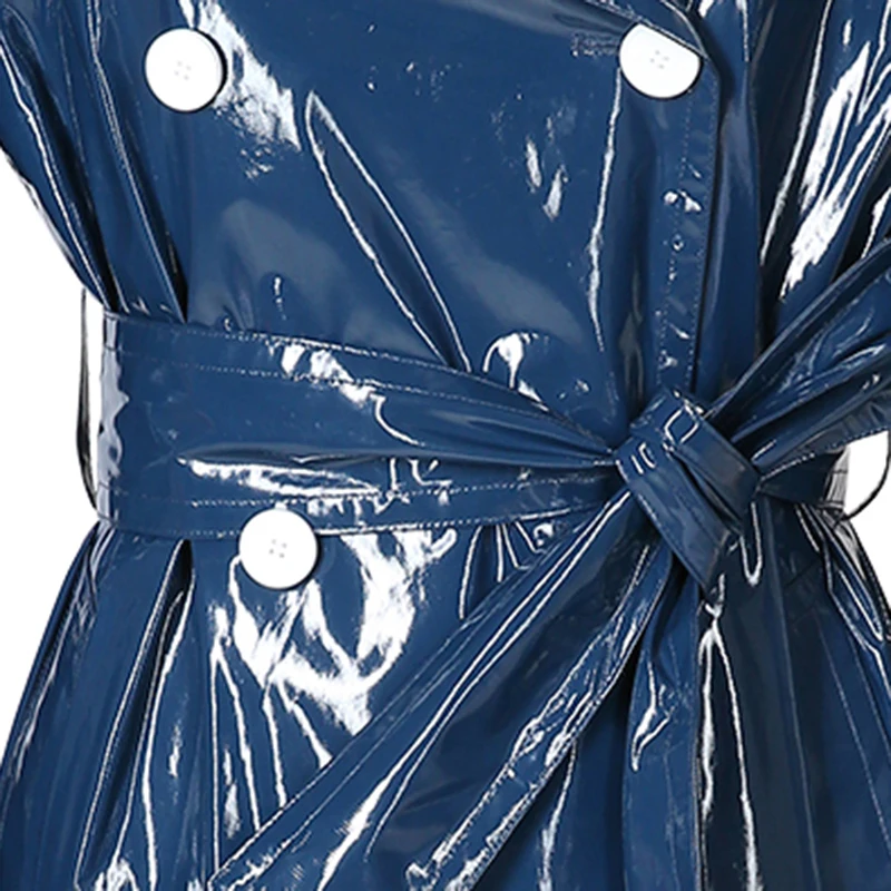 Nerazzurri Spring long blue reflective patent leather trench coat for women with long raglan sleeve sashes Waterproof raincoat