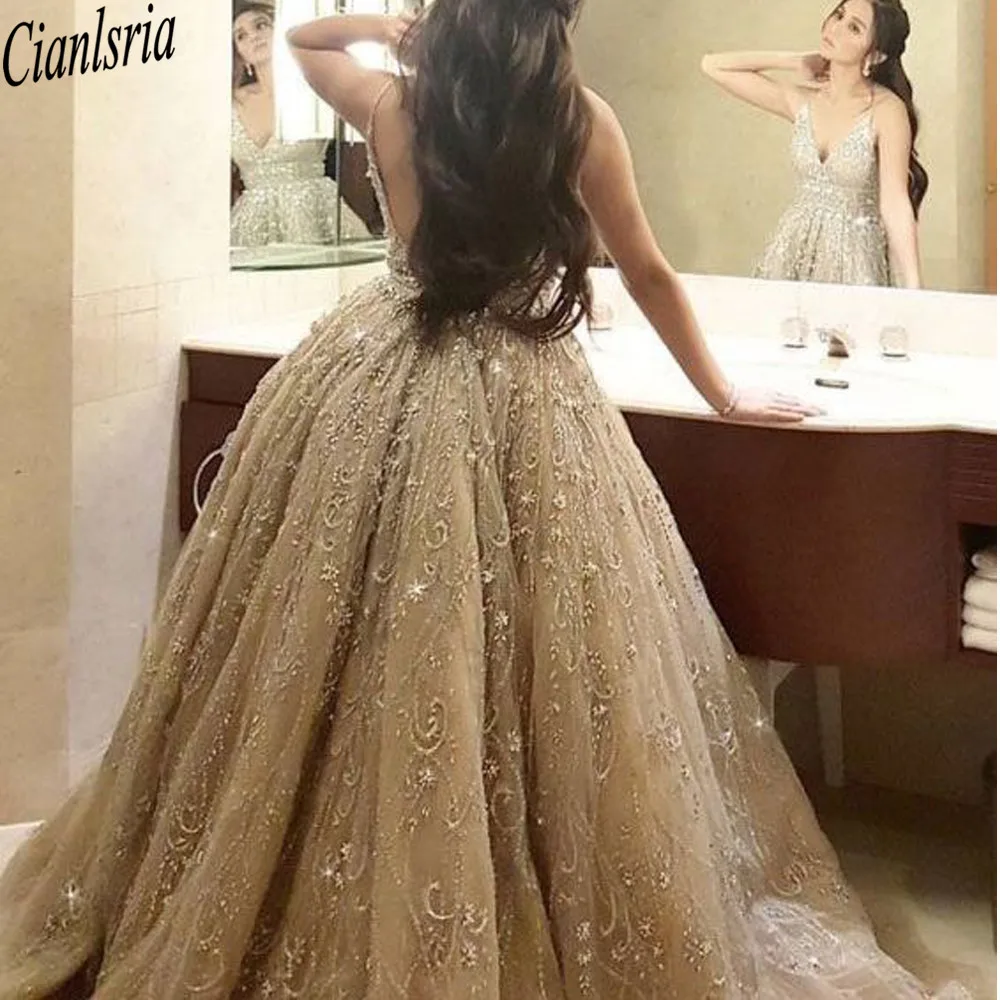 Sparkly Champagne  Quinceanera Dress Lace Crystal Ball Gown Dresses For  Sweet 15 16 Years Prom Party Dress