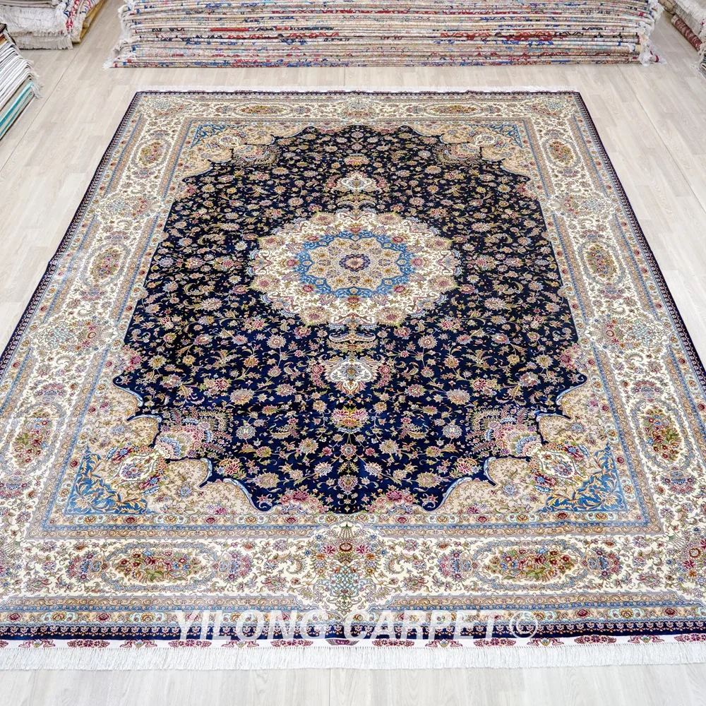 10'x14' Hand made Turkey Hereke Rugs Medallion Blue Persian Silk Carpets (ZQG626A)