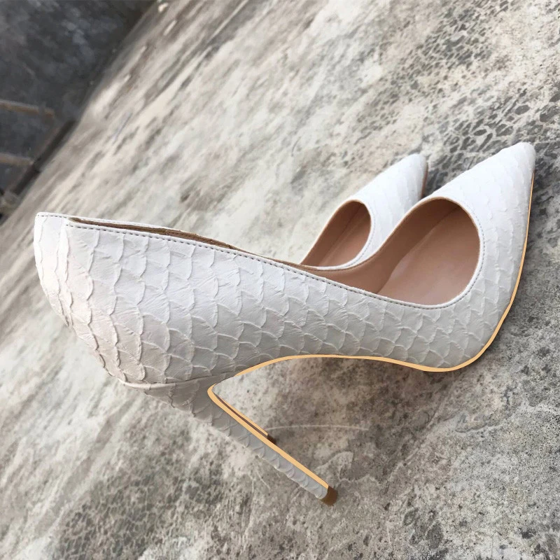 Tikicup White Crocodile-Effect Women Sexy Pattern Stiletto High Heels 12cm 10cm 8cm Customize Lady Pointy Pumps Chic Party Shoes