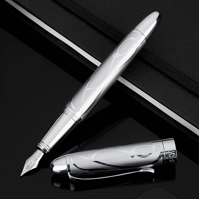 HongDian Printing Stainless Steel Fountain Pen Fine Nib Retro Silver Student Office Practice Supply Writing Pens Stationery Gift