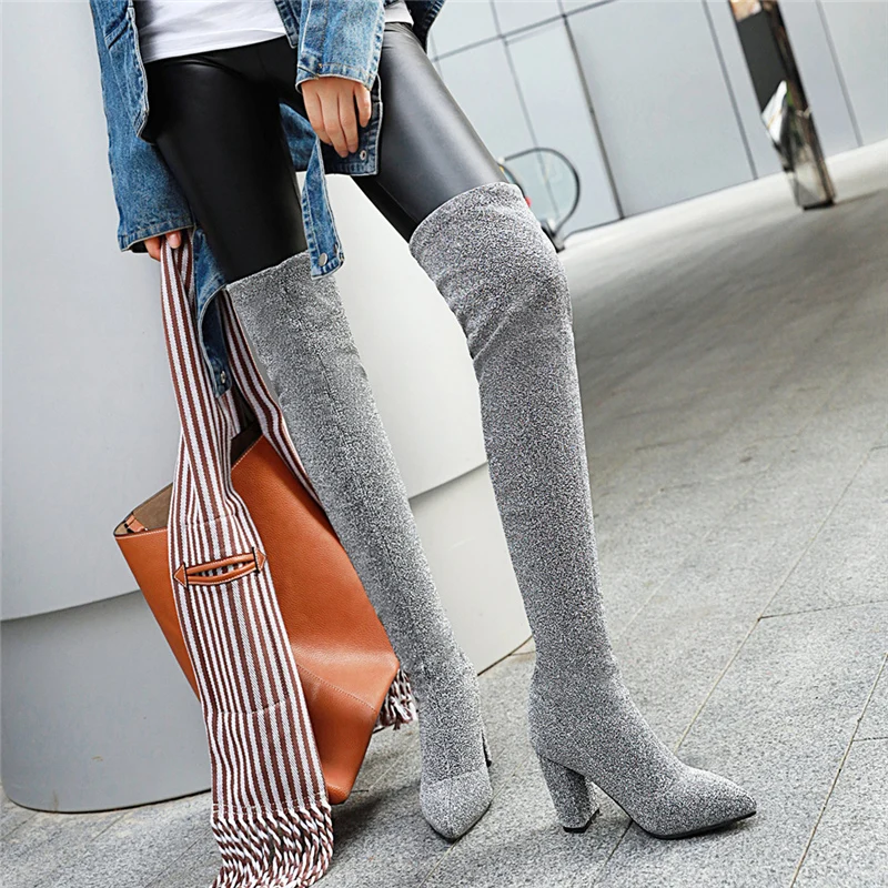 Plus Size 46 Women Over The Knee Sock Boots 8.5cm High Heels Long Winter Stretch Snow Boots Block Heels Lady Thigh Purple Shoes