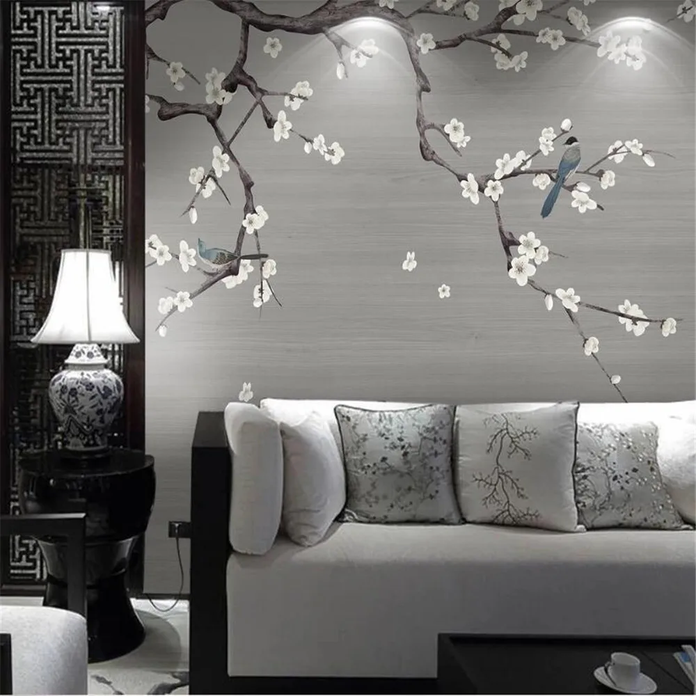 

Milofi wall custom 3D wallpaper mural new Chinese hand-painted flower and bird TV bedroom background wall hand-painted plum