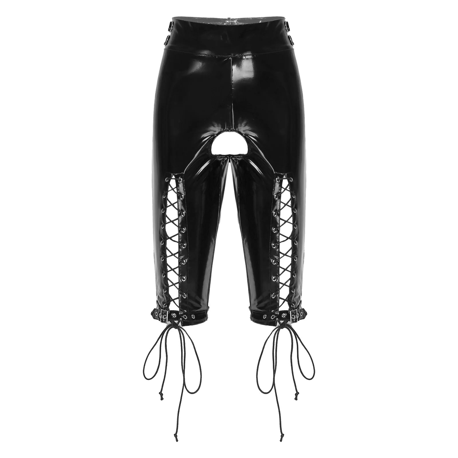 

Women Lace-Up Front Wet Look Black Patent Leather Crotchless Shorts High Waist Adjustable Buckle Zipper Back Short Trousers