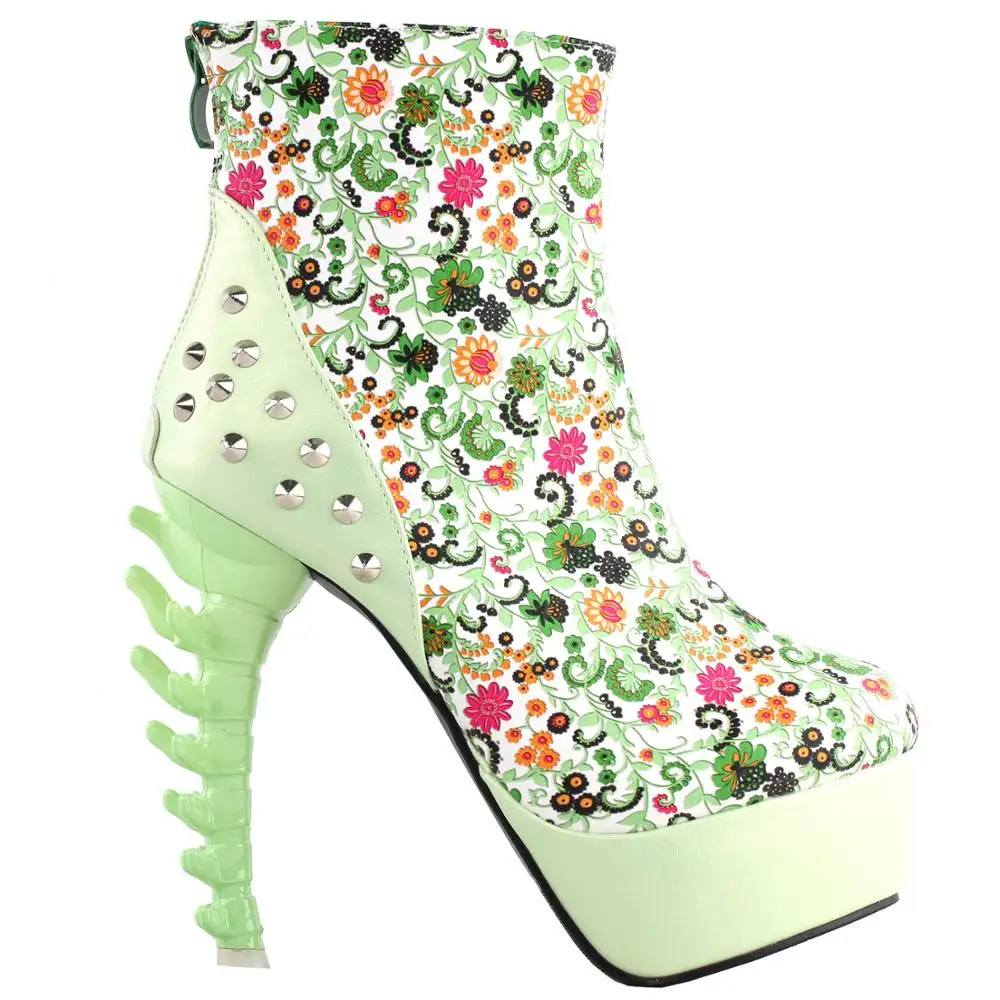 

LF80687 SHOW STORY Vintage Rockabilly Green Flower Print Stud High-top Bone Platform Ankle Boots