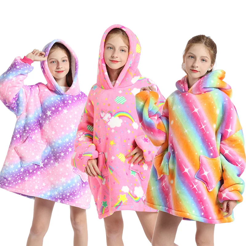 Winter Sherpa Blanket Kids Sleeves Ultra Plush Fleece Sweatshirt Hoodie Pink Grey Wine Blue Warm Flannel Hooded Animal Blankets