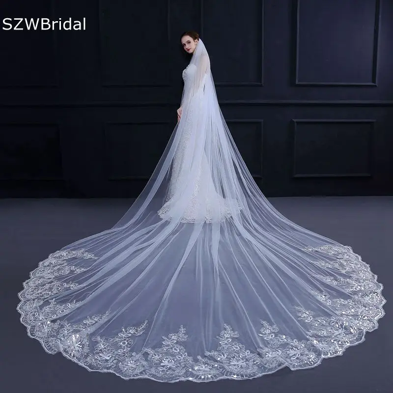 3/4/5 Meter White Ivory Cathedral Wedding Veils Long Lace Edge Bridal Veil with Comb Wedding Accessories Bride Veu Wedding Veil