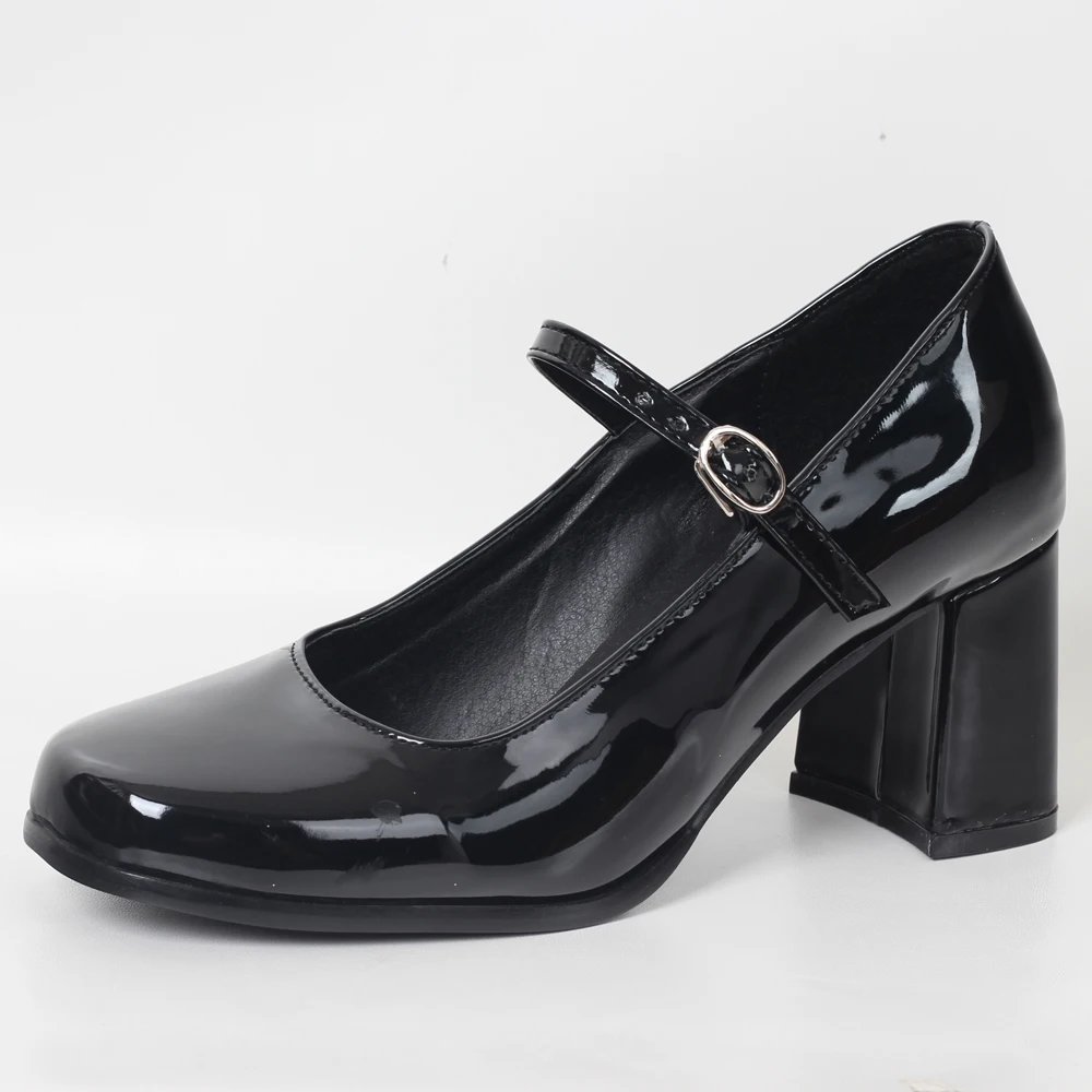 JIALUOWEI 9CM High Heel Cute Retro Block Heel Shiny Black Maryjane Buckle GoGo Shoes Cosplay 5-15