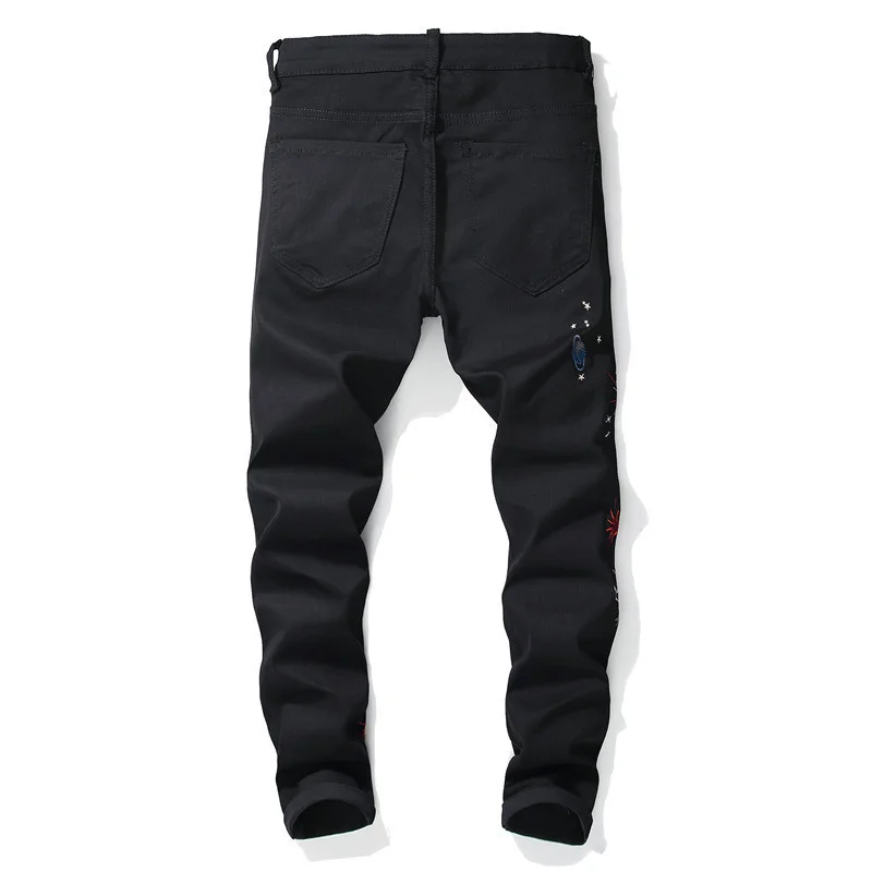 

Brand New Mens Slim Denim Pants Fashion Embroidery Printing Jeans Trousers Male Black Casual Elastic Pencil Pants Plus Size
