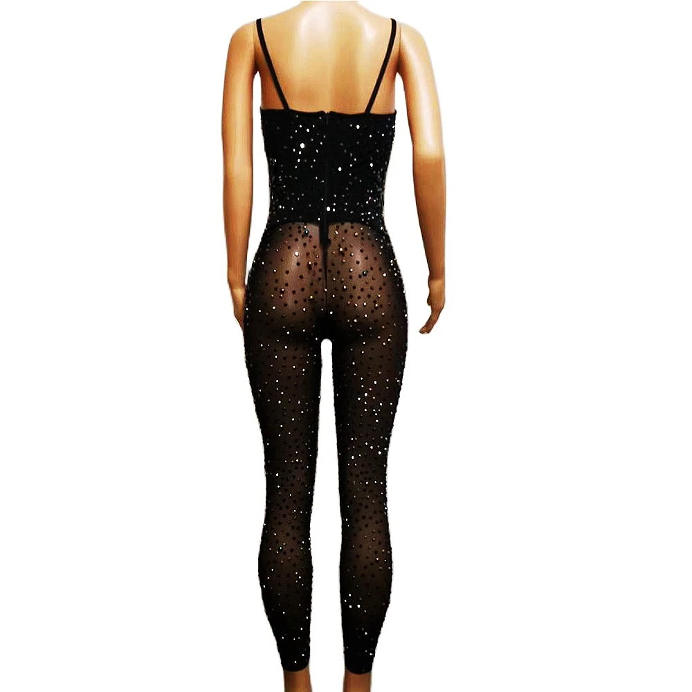 Damskie brokatowe dżetów obcisłe czarne bez rękawów, bez pleców, rozciągliwe kombinezony klub nocny Bar etap kostium taneczny na rurze