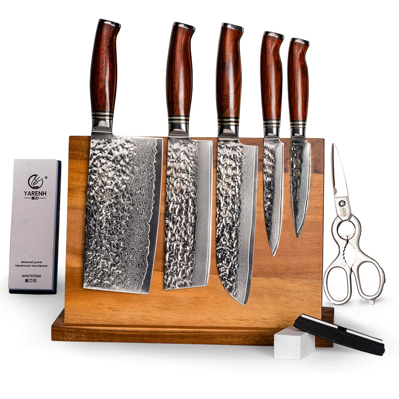 YARENH 8pcs Chef Kitchen Knife Set 73 Layers Damascus Chopper Utility Fruit Santoku Knives-Scissors-Knife Holder-Whetstone-Gifts