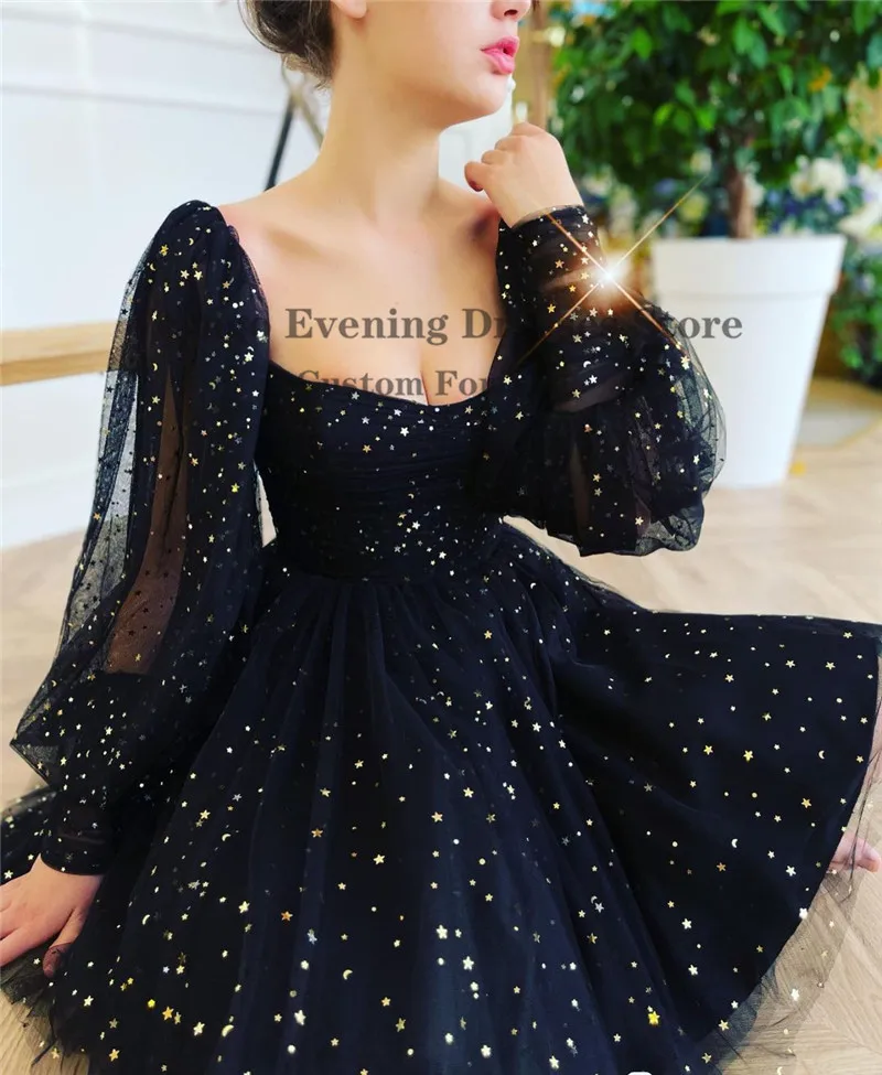 Verngo New 2021 Sparkly Stars Black Tulle Prom Dresses Puff Long Sleeves Sweetheart Knee Length Short Evening Party Gowns