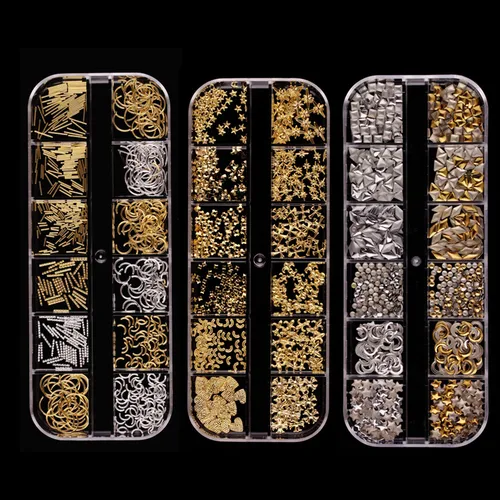 1 caja de 12 rejillas de aleación de Metal 3D de oro rosa, remaches para uñas, dijes, adornos para uñas, corazón, estrella, Luna, cruz, decoraciones artísticas para uñas
