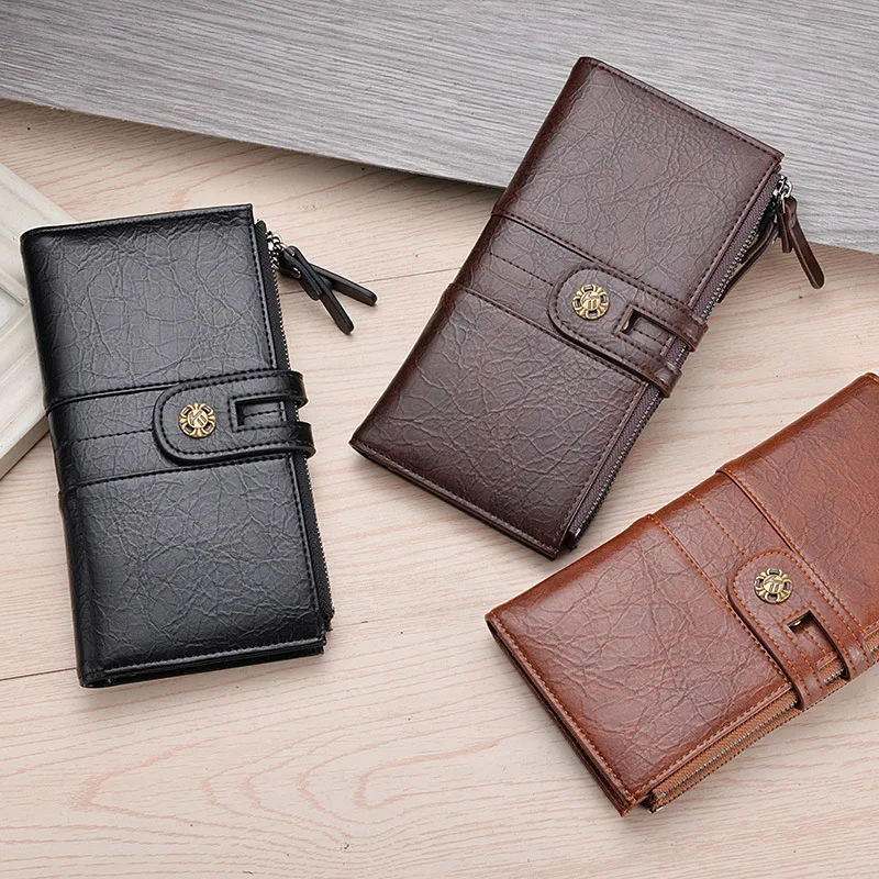 RFID men\'s wallet dual zippers leather wallet long hasp porte feuille homme luxury mens wallet leather genuine purses clutch bag