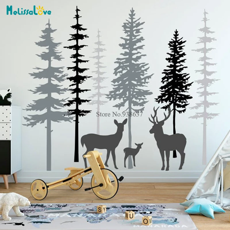 

3 Color Pine Trees Deer Woodland Forest And Animal Baby Room Nursery Decal Home Decor Removable Vinyl Wall Stickers BD575