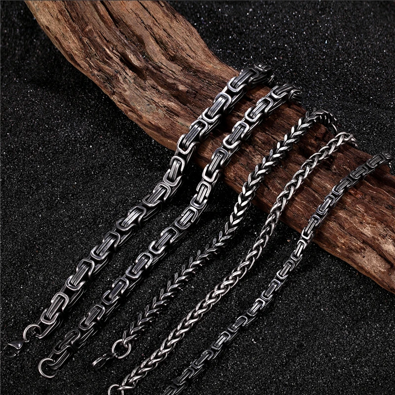 MKENDN Mens vintage 5-10mm Stainless Steel Byzantine Curb Cuban Link Chain Bracelets for Men Unisex HIp-HOP Wrist Jewelry Gifts