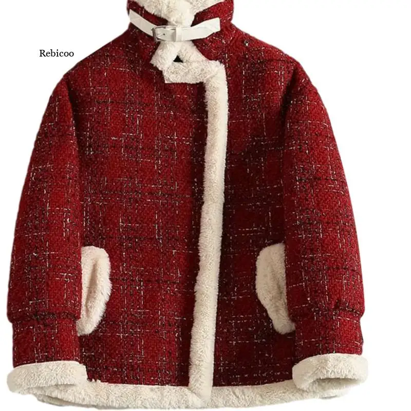 

Winter Women's British style red plaid fur Jacket imitation lamb wool thick Coat short small fragrance style adies Jacket