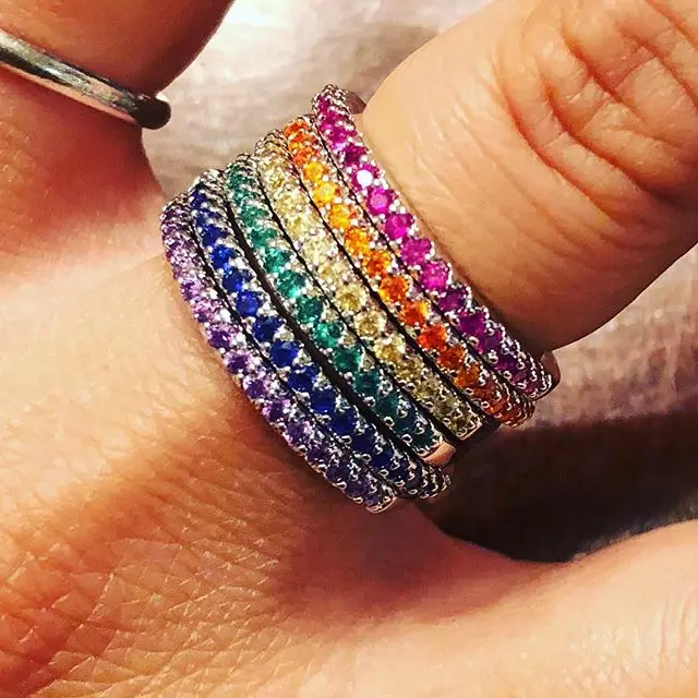 925 Sterling Silver Colorful Cz Eternity Band Ring Thin Skinny Engagement Birthstone Rainbow Classic Simple Round Circle Rings