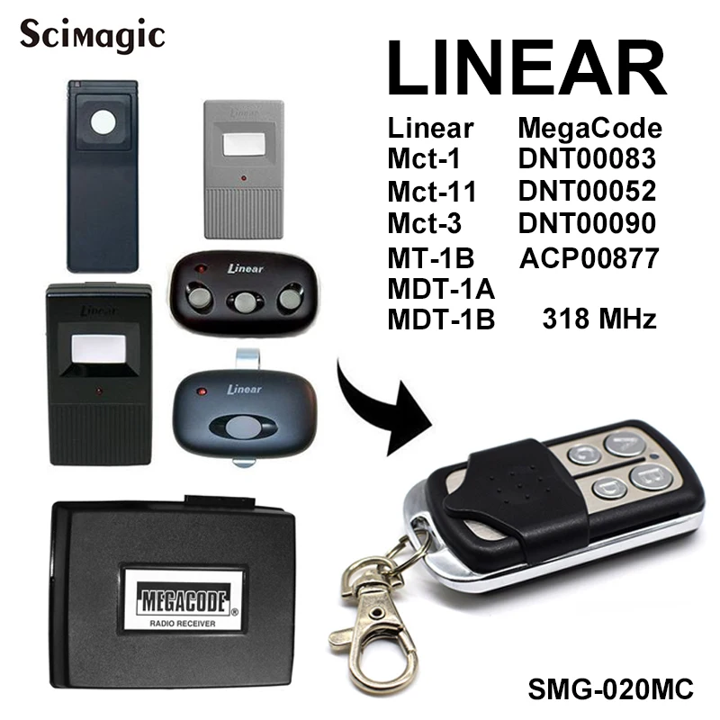 LINEAR MegaCode Mct-1 Mct-11 Mct-3 MT- 1B DNT00083 DNT00052 Garage Door Remote Control 318MHz Gate Opener