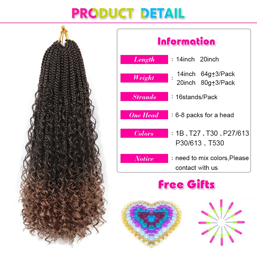 Box Braid – tresses synthétiques crochetées avec extrémités bouclées, Extensions capillaires africaines, déesse Locs, 14 "20"