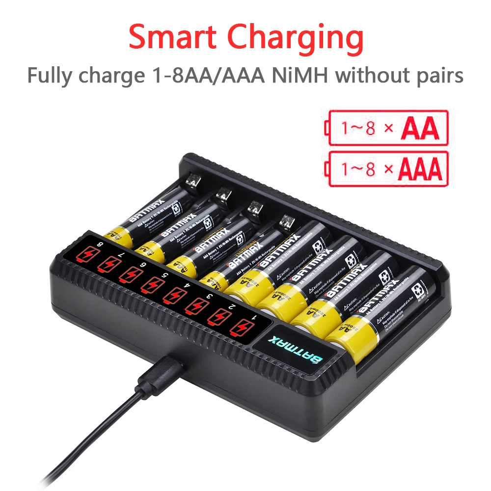 1.2v NIMH AA Akumulator AA AAA + 8-gniazdowa ładowarka do latarek, pilotów, zabawek