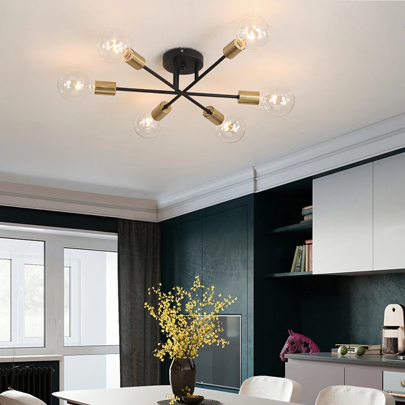 Modern Chandelier Gold/Black Ceiling Lights Fixture Nordic Semi Flush Mount Living Room Ceiling Lamps  Lndoor Furniture Lighting