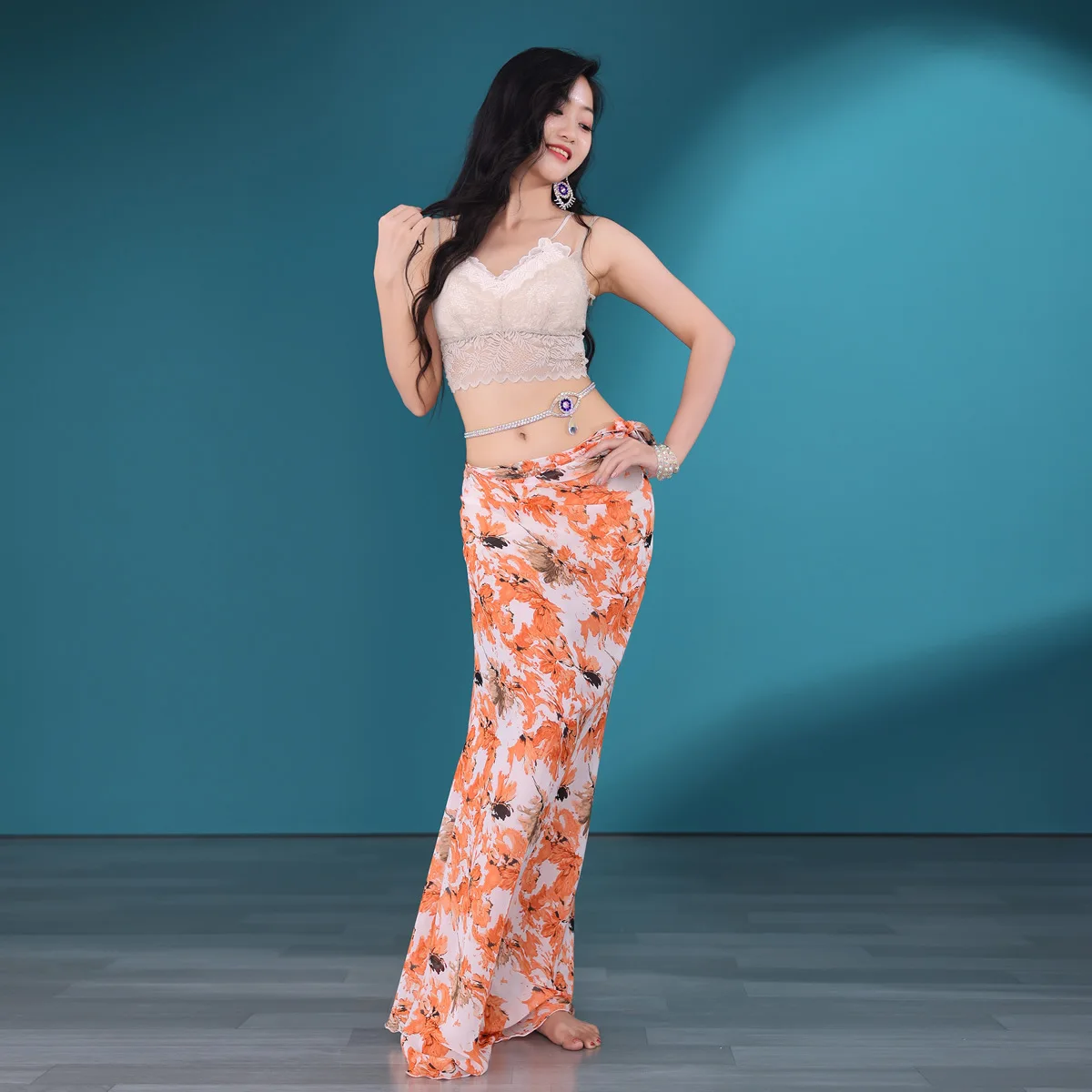 Belly Dance Summer Practice Clothes Suit Long Chiffon Flower Skirt Oriental Dance Performance Class Suit V Neck Lace Top Skirt